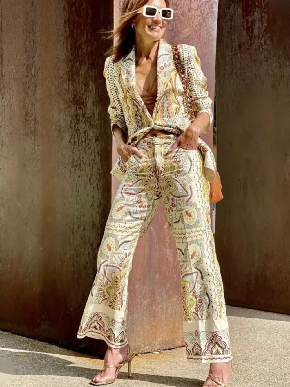 Zara Printed Linen Blend Pants